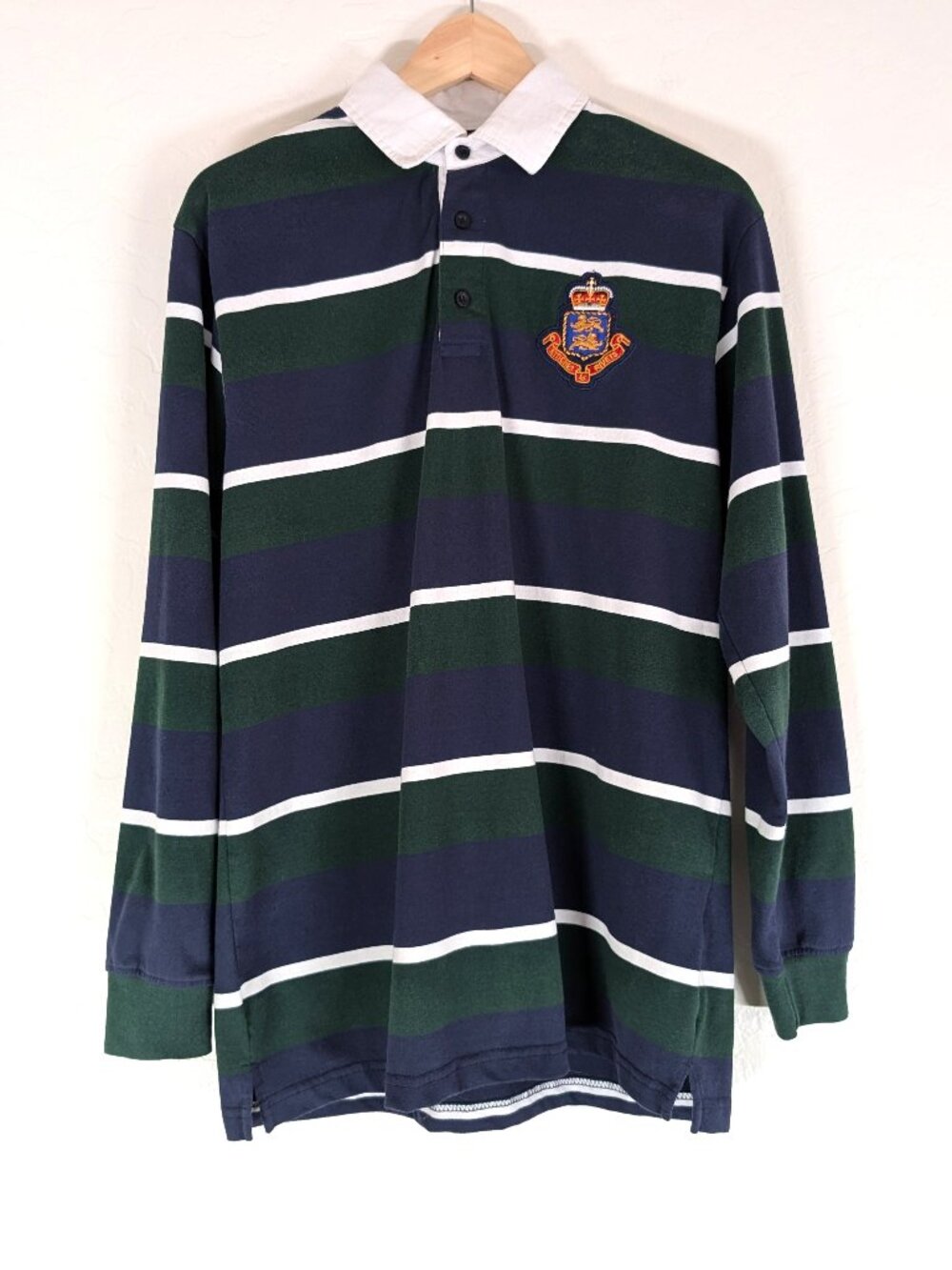 STITCHES & RIVETS Rugby Shirt Men's M Green Blue Striped Crest Long Sleeve Polo